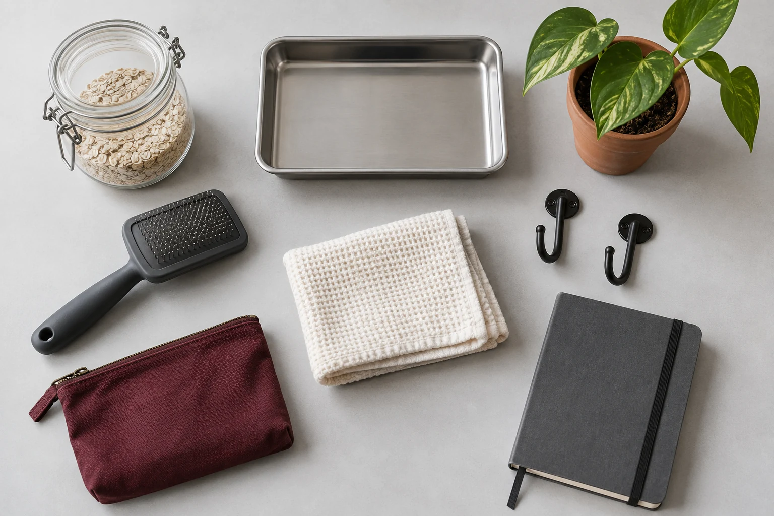 An orderly flat lay of everyday storage, bath, garden and household items
