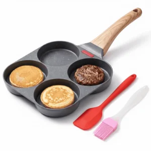 Egg Pan Nonstick, 4 Holes Egg Frying Pan with Silicone Small Scraper & Oil Brush