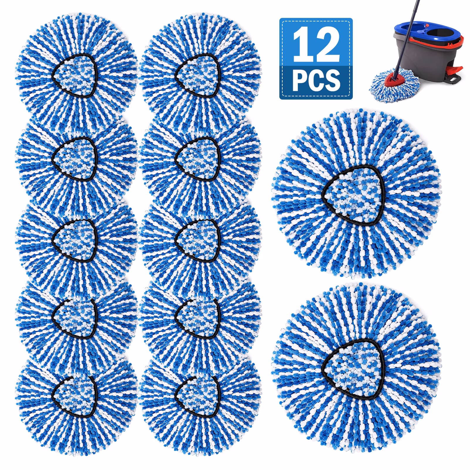 12 Pack Mop Heads, Mop Head Replacement for Triangle Spin Mop Systems, Microfiber Spin Mop Replacement Head Refills, Washable for Hardwood, Tile & Laminate Floors-Blue